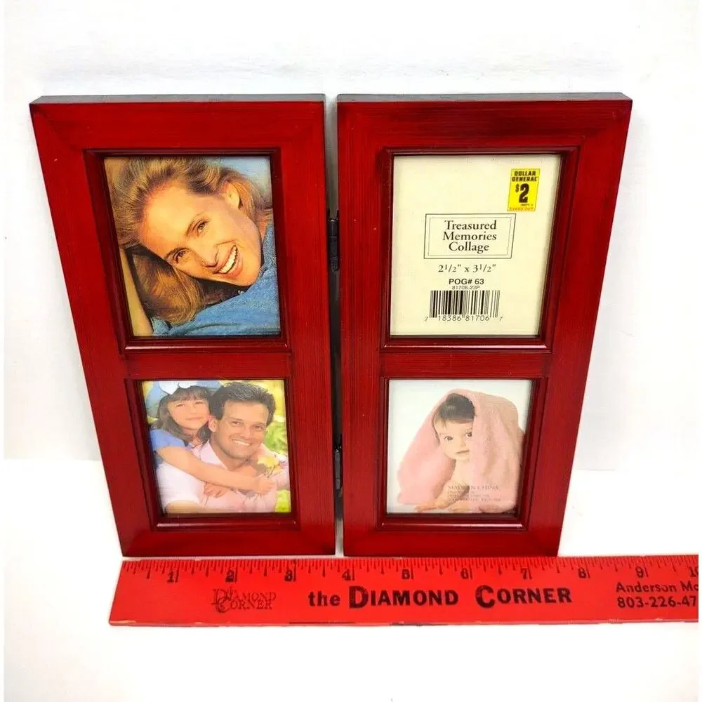 Treasured Memories Cherry Wood Look Table Top Wall Hanging 4 Opening Photo Frame